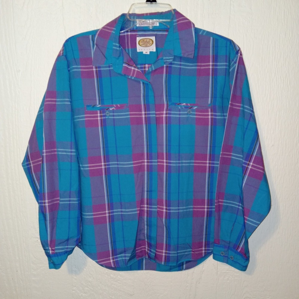 Picket and Post Plaid Button-Down Shirt Women 14 Blue Purple Vintage 90s Top